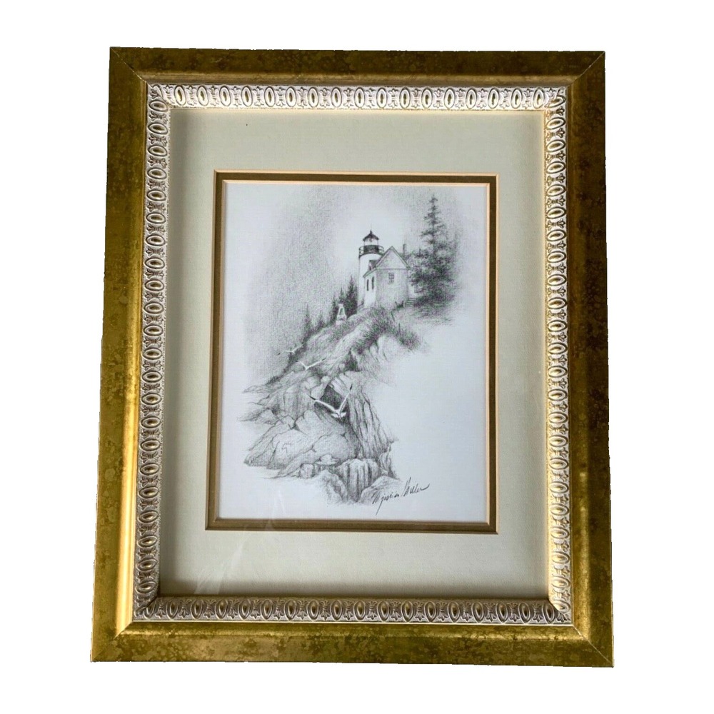 Lighthouse Framed Art VIIRGINIA MILLER  Signed Litho Print Seagulls Gold Matted
